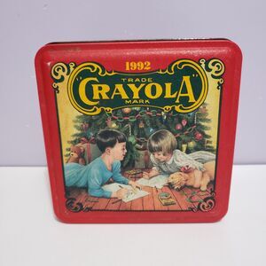 Crayon 1992  Red Metal Tin Container Vintage Farmhouse Country Decor 5.5"×5.5"×3